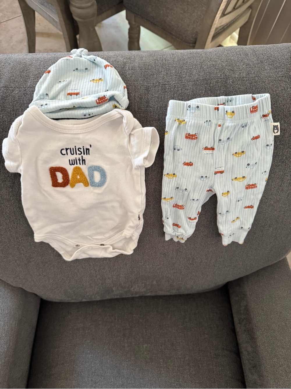 Baby 3-Piece Outfit Set - White Bodysuit with Light Blue Car Pants & Hat